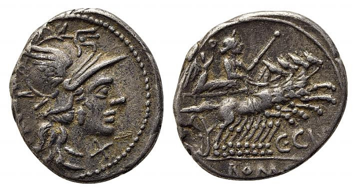 C. Curiatius Trigeminus, Rome, 142 BC. AR Denarius (19.5mm, 3.80g, 3h). Helmeted...