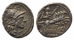 C. Curiatius Trigeminus, Rome, 142 BC. AR Denarius (19.5mm, 3.80g, 3h). Helmeted head of Roma r. R/ Juno, holding reins and sceptre, driving galloping...