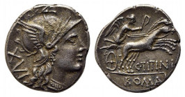 C. Titinius, Rome, 141 BC. AR Denarius (17.5mm, 3.93g, 9h). Helmeted head of Roma r.; XVI behind. R/ Victory driving biga r. Crawford 226/1b; RBW 951;...