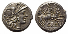 C. Renius, Rome, 138 BC. AR Denarius (17mm, 3.95g, 6h). Helmeted head of Roma r. R/ Juno Caprotina driving biga of goats r., holding whip, reins, and ...