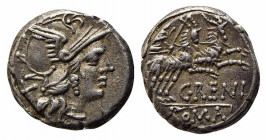 C. Renius, Rome, 138 BC. AR Denarius (17mm, 4.09g, 9h). Helmeted head of Roma r. R/ Juno Caprotina driving biga of goats r., holding whip, reins, and ...