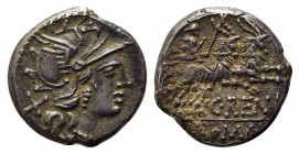 C. Renius, Rome, 138 BC. AR Denarius (16mm, 3.80g, 3h). Helmeted head of Roma r. R/ Juno Caprotina driving biga of goats r., holding whip, reins, and ...