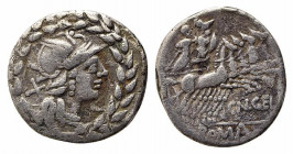 Cn. Gellius, Rome, 138 BC. AR Denarius (19mm, 3.57g, 9h). Helmeted head of Roma r.; all within laurel wreath. R/ Mars driving galloping quadriga r., g...