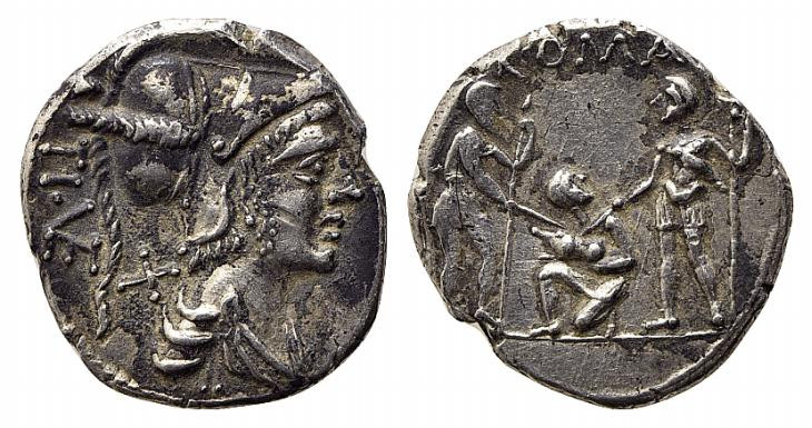 Ti. Veturius, Rome, 137 BC. AR Denarius (17.5mm, 3.99g, 2h). Helmeted and draped...