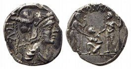 Ti. Veturius, Rome, 137 BC. AR Denarius (17.5mm, 3.99g, 2h). Helmeted and draped bust of Mars r. R/ Oath-taking scene: youth kneeling l., head r., bet...