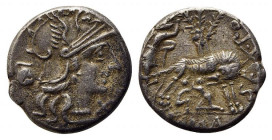 Sex. Pompeius Fostlus, Rome, 137 BC. AR Denarius (19mm, 3.88g, 12h). Helmeted head of Roma r.; capis to l. R/ She-wolf standing r., head l., suckling ...