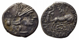 Sex. Pompeius Fostlus, Rome, 137 BC. AR Denarius (18.5mm, 3.99g, 6h). Helmeted head of Roma r.; capis to l. R/ She-wolf standing r., head l., suckling...