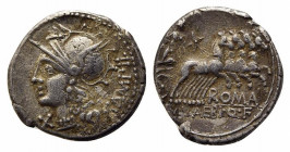 M. Baebius Q.f. Tampilus, Rome, 137 BC. AR Denarius (18.5mm, 3.91g, 10h). Helmeted head of Roma l. R/ Apollo driving quadriga r., holding bow and arro...