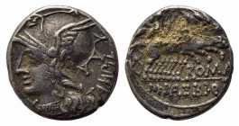 M. Baebius Q.f. Tampilus, Rome, 137 BC. AR Denarius (18mm, 3.98g, 12h). Helmeted head of Roma l. R/ Apollo driving quadriga r., holding bow and arrow....