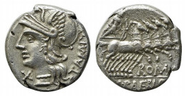 M. Baebius Q.f. Tampilus, Rome, 137 BC. AR Denarius (17mm, 3.75g, 7h). Helmeted head of Roma l. R/ Apollo driving quadriga r., holding bow and arrow. ...