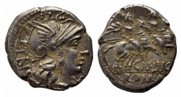 Cn. Lucretius Trio, Rome, 136 BC. AR Denarius (19mm, 3.95g, 9h). Helmeted head of Roma r. R/ Dioscuri on horseback riding r. Crawford 237/1a; RBW 978;...