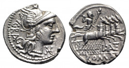 L. Antestius Gragulus, Rome, 136 BC. AR Denarius (20mm, 3.91g, 2h). Helmeted head of Roma r. R/ Jupiter driving quadriga r., holding reins and sceptre...