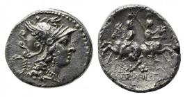 C. Servilius M.f., Rome, 136 BC. AR Denarius (20.5mm, 3.47g, 6h). Head of Roma r., wearing winged helmet; wreath to l. R/ Dioscuri riding in opposite ...