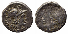C. Curiatius f. Trigeminus, Rome, 135 BC. AR Brockage Denarius (18mm, 3.90g, 12h). Helmeted head of Roma r. R/ Incuse of obverse. Cf. Crawford 240/1. ...