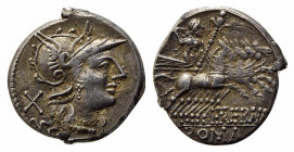 L. Trebanius, Rome, 135 BC. AR Denarius (19mm, 3.86g, 9h). Helmeted head of Roma r. R/ Jupiter driving quadriga r., holding sceptre and reins, prepari...