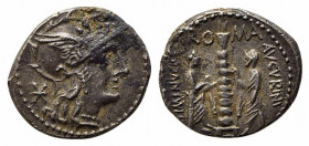 Ti. Minucius C.f. Augurinus, Rome, 134 BC. AR Denarius (19.5mm, 3.93g, 12h). Helmeted head of Roma r. R/ Ionic column surmounted by statue; at base, t...