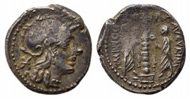 Ti. Minucius C.f. Augurinus, Rome, 134 BC. AR Denarius (18mm, 3.94g, 1h). Helmeted head of Roma r. R/ Ionic column surmounted by statue; at base, two ...