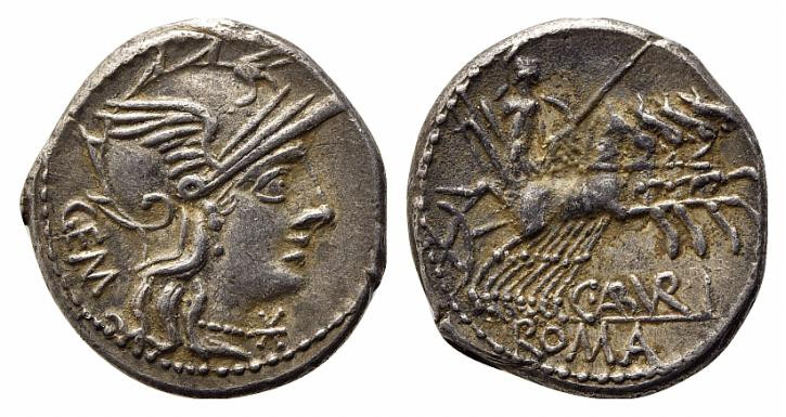 C. Aburius Geminus, Rome, 134 BC. AR Denarius (18.5mm, 3.88g, 6h). Helmeted head...