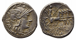 C. Aburius Geminus, Rome, 134 BC. AR Denarius (18.5mm, 3.88g, 6h). Helmeted head of Roma r. R/ Mars driving galloping quadriga r., holding trophy, shi...