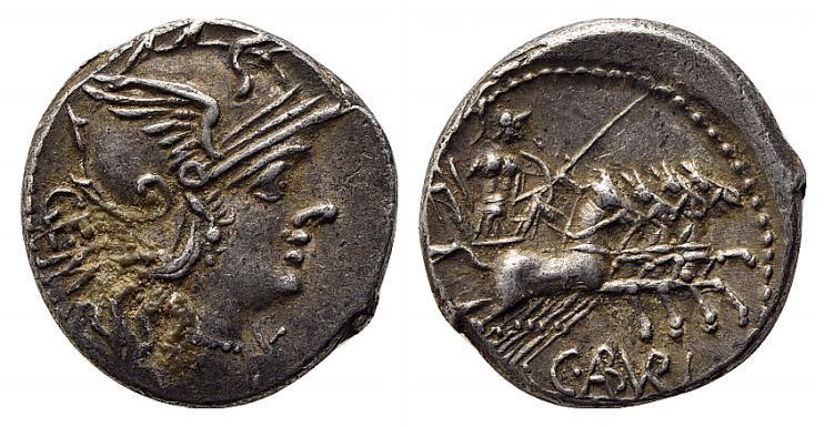 C. Aburius Geminus, Rome, 134 BC. AR Denarius (17.5mm, 3.97g, 6h). Helmeted head...