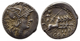 C. Aburius Geminus, Rome, 134 BC. AR Denarius (17.5mm, 3.97g, 6h). Helmeted head of Roma r. R/ Mars driving galloping quadriga r., holding trophy, shi...