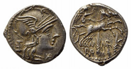 M. Marcius Mn.f., Rome, 134 BC. AR Denarius (17.5mm, 3.95g, 9h). Helmeted head of Roma r.; modius behind. R/ Victory in biga r.; two corn ears below. ...