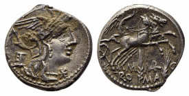 M. Marcius Mn.f., Rome, 134 BC. AR Denarius (19mm, 3.91g, 6h). Helmeted head of Roma r.; modius behind. R/ Victory in biga r.; two corn ears below. Cr...