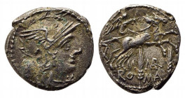 M. Marcius Mn.f., Rome, 134 BC. AR Denarius (18.5mm, 3.98g, 9h). Helmeted head of Roma r.; modius behind. R/ Victory in biga r.; two corn ears below. ...