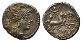 P. Maenius Antiaticus M.f., Rome, 132 BC. AR Denarius (19mm, 4.02g, 9h). Helmeted head of Roma r. R/ Victory, holding reins and wreath, driving gallop...
