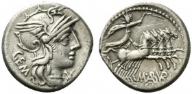 M. Aburius M.f. Geminus, Rome, 132 BC. AR Denarius (19mm, 3.85g, 12h). Helmeted head of Roma r., mark of value below chin. R/ Sol driving quadriga r.,...