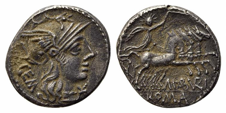 M. Aburius M.f. Geminus, Rome, 132 BC. AR Denarius (19mm, 3.94g, 6h). Helmeted h...