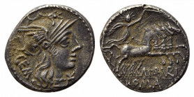 M. Aburius M.f. Geminus, Rome, 132 BC. AR Denarius (19mm, 3.94g, 6h). Helmeted head of Roma r., mark of value below chin. R/ Sol driving quadriga r., ...