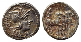 M. Vargunteius, Rome, 130 BC. AR Denarius (20mm, 3.98g, 6h). Helmeted head of Roma r. R/ Jupiter driving triumphal quadriga r., holding palm frond and...