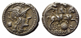 T. Quinctius Flamininus, Rome, 126 BC. AR Denarius (18.5mm, 3.94g, 12h). Helmeted head of Roma r.; apex to l. R/ The Dioscuri on horses riding r., eac...