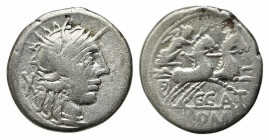 C. Porcius Cato, Rome, 123 BC. AR Denarius (18mm, 3.79g, 12h). Helmeted head of Roma r. R/ Victory driving galloping biga r., holding reins and whip. ...