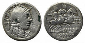 Q. Minucius Rufus, Rome, 122 BC. AR Denarius (19mm, 3.72g, 6h). Helmeted head of Roma r. R/ Dioscuri on horseback riding r. Crawford 277/1; RBW 1099; ...
