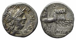 Q. Curtius and M. Sergius Silus, Rome, 116-115 BC. AR Denarius (19mm, 3.79g, 9h). Helmeted head of Roma r. R/ Jupiter driving galloping quadriga r., h...