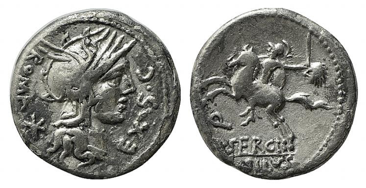 M. Sergius Silus, Rome, 116-115 BC. AR Denarius (17.5mm, 3.93g, 3h). Helmeted he...