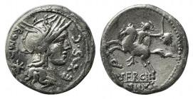 M. Sergius Silus, Rome, 116-115 BC. AR Denarius (17.5mm, 3.93g, 3h). Helmeted head of Roma r. R/ Soldier on horseback rearing l., holding sword and se...