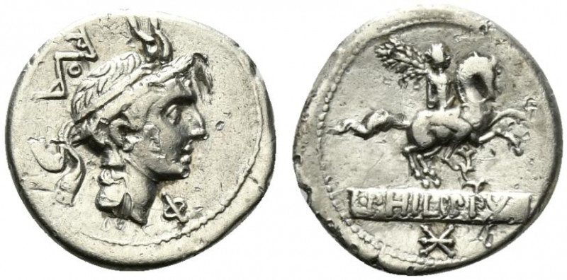 L. Philippus, Rome, 113-112 BC. AR Denarius (19mm, 3.81g, 2h). Head of Philip V ...