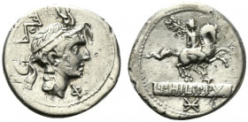 L. Philippus, Rome, 113-112 BC. AR Denarius (19mm, 3.81g, 2h). Head of Philip V of Macedon r., wearing diademed royal Macedonian helmet with goat horn...