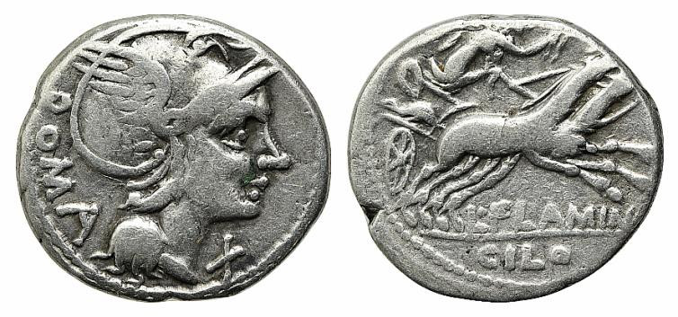 L. Flaminius Chilo, Rome, 109-108 BC. AR Denarius (19.5mm, 3.85g, 6h). Helmeted ...