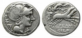 L. Flaminius Chilo, Rome, 109-108 BC. AR Denarius (19.5mm, 3.85g, 6h). Helmeted head of Roma r. R/ Victory driving biga r. Crawford 302/1; RBW 1144; R...