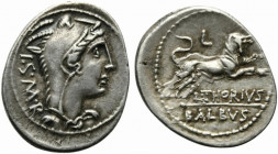 L. Thorius Balbus, Rome, c. 105 BC. AR Denarius (23mm, 3.96g, 8h). Head of Juno Lanuvium r., wearing goat skin. R/ Bull charging r.; L above. Crawford...