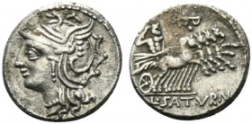 Lucius Appuleius Saturninus, Rome, 104 BC. AR Denarius (19mm, 3.73g, 3h). Helmeted head of Roma l. R/ Saturn in quadriga r.; control above. Crawford 3...