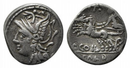 C. Coelius Caldus, Rome, 104 BC. AR Denarius (17mm, 4.07g, 5h). Helmeted head of Roma l. R/ Victory driving galloping biga l., holding reins; •T• abov...