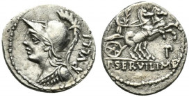 P. Servilius M.f. Rullus, Rome, 100 BC. AR Denarius (20mm, 3.83g, 3h). Helmeted bust of Minerva l., wearing aegis. R/ Victory driving galloping biga r...