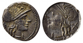 Uncertain series, c. 2nd century BC. AR Brockage Denarius (18.5mm 3.92g, 12h). Helmeted head of Roma r. R/ Incuse of obverse. Near VF