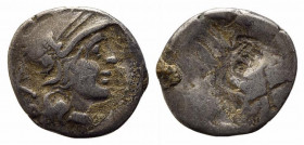 Uncertain series, c. 2nd century BC. AR Brockage Denarius (18mm 3.22g, 12h). Helmeted head of Roma r. R/ Incuse of obverse. Near VF