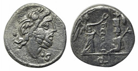 T. Cloulius, Rome, 98 BC. AR Quinarius (14mm, 1.82g, 4h). Laureate head of Jupiter r.; control mark before. R/ Victory standing r. crowning trophy; be...